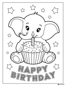 Cute Elephant Coloring Sheet with Candle Topped Cupcake
