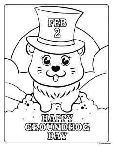 Cute Groundhog Coloring Page with Top Hat and Feb 2 Sign