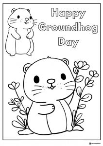 Cute Groundhogs Coloring Page with Flowers and Lettering