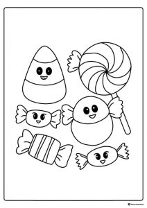 Cute Halloween Candy Coloring Page with Happy Faces