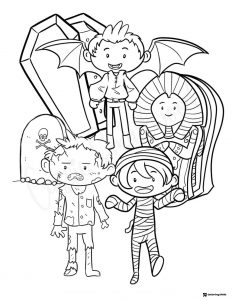 Cute Halloween Characters Coloring Page with Mummy and Vampire