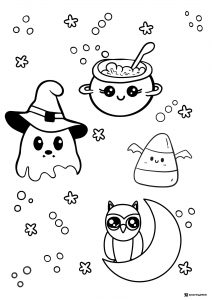 Cute Halloween Elements Coloring Page with Ghost and Owl