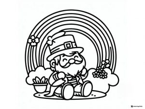 Cute Leprechaun Coloring Page with Rainbow and Flowers