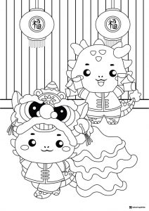 Cute Lion Dance Coloring Page with Dragon Characters