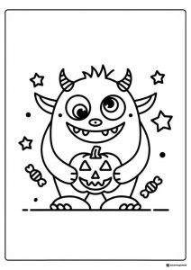 Cute Monster Coloring Page with Pumpkin and Halloween Candy