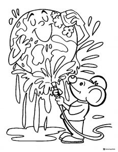 Cute Mouse Washing Earth Coloring Page with Bubbles and Spray