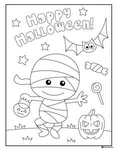 Cute Mummy Coloring Sheet with Bat Candy and Pumpkins