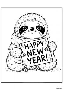 Cute Sloth Coloring Sheet Holding Happy New Year Sign
