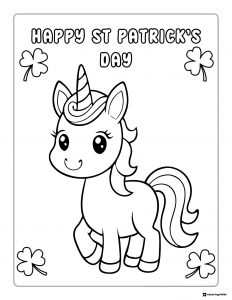 Cute Unicorn Coloring Page with Shamrocks and Greeting