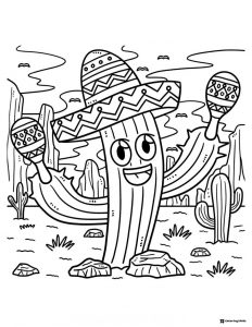 Dancing Cactus Coloring Page with Sombrero and Maracas