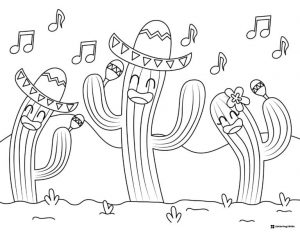 Dancing Cactus Coloring Page with Sombreros and Maracas