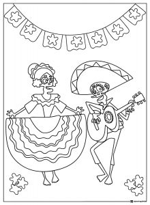 Dancing Couple Coloring Page with Guitar and Festive Banner