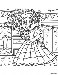 Dancing Girl Coloring Page with Maracas and Fiesta Banners