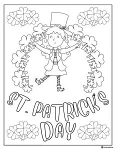 Dancing Girl St. Patricks Day Coloring Page with Shamrocks