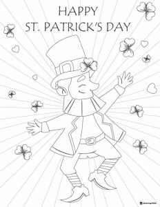 Dancing Leprechaun Coloring Page with Shamrocks and Rays