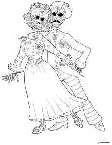 Dancing Skeleton Couple Coloring Page with Floral Outfits
