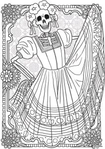 Dancing Skeleton Lady Coloring Page in Traditional Dress