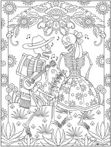 Dancing Skeletons Coloring Page with Guitar and Floral Frame