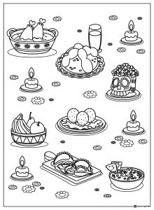 Day of the Dead Food Coloring Page with Skulls and Candles