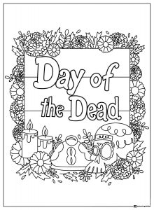 Day of the Dead Sign Coloring Page with Candles and Marigolds
