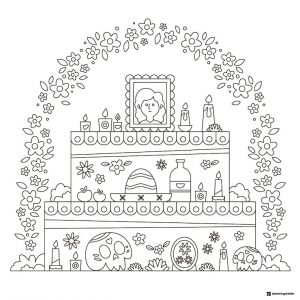 Decorated Ofrenda Coloring Page with Skulls and Candles