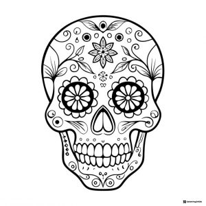Decorated Sugar Skull Coloring Page with Floral Eye Designs