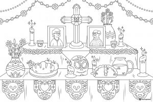 Detailed Ofrenda Coloring Page with Candles and Portraits