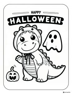 Dino Costume Coloring Page with Ghost and Pumpkin Accents