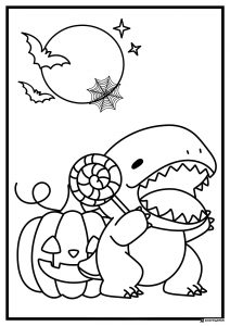 Dino Halloween Coloring Page with Lollipop and Pumpkin