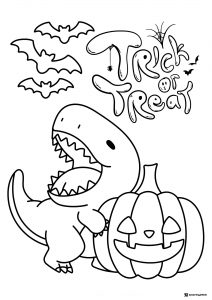 Dinosaur Coloring Page with Pumpkin and Trick or Treat Text