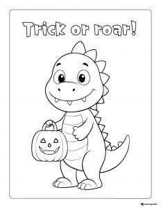 Dinosaur Halloween Coloring Page with Pumpkin Bucket