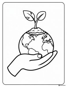 Earth Day Coloring Page with Plant Growing on Globe in Hand