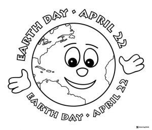 Earth Day Coloring Page with Smiling Globe and April 22 Text