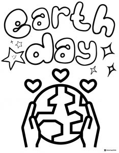 Earth Day Coloring Page with Stars Hearts and Hands Around Earth