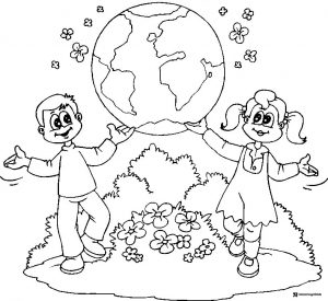 Earth Day Coloring Sheet with Kids Holding Up the Planet