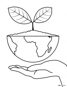 Earth Day Coloring Sheet with Plant Growing from Half Earth in Hand