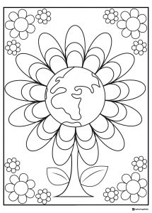 Earth Flower Coloring Page with Petals and Globe Center