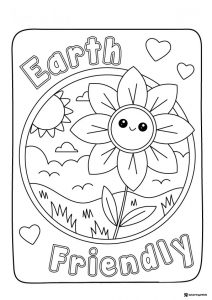 Earth Friendly Coloring Page with Smiling Flower and Hearts