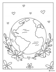 Earth Surrounded by Flowers and Hearts Earth Day Coloring Page