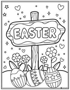 Easter Sign Coloring Sheet with Decorated Eggs and Flowers