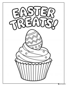 Easter Treats Coloring Page with Cupcake and Decorated Egg