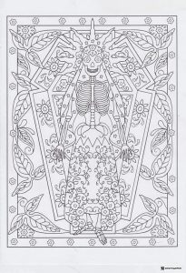 Elegant Skeleton Lady Coloring Page with Floral Background