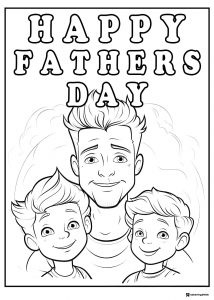 Fathers Day Coloring Page with Dad and Two Smiling Boys