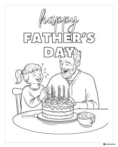 Fathers Day Coloring Page with Girl Laughing by Cake