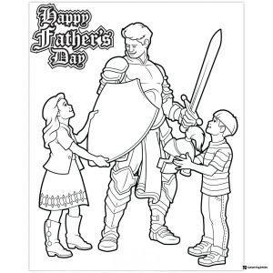 Fathers Day Coloring Page with Knight Dad and Two Kids