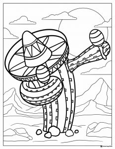 Festive Cactus Coloring Page with Maracas and Giant Sombrero
