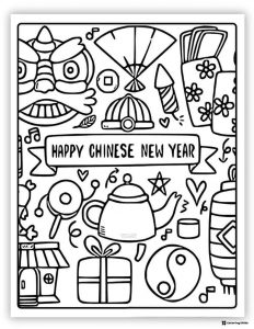 Festive Chinese New Year Coloring Page with Banner and Icons