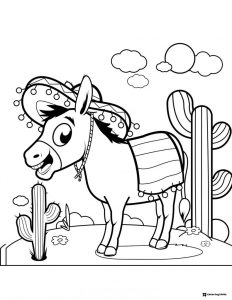 Festive Donkey Coloring Page with Sombrero and Desert Scene