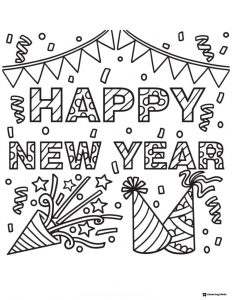 Festive Party Hats and Streamers New Year Coloring Page
