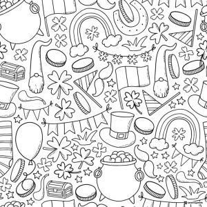 Festive St. Patricks Icons Coloring Sheet with Coins and Flags